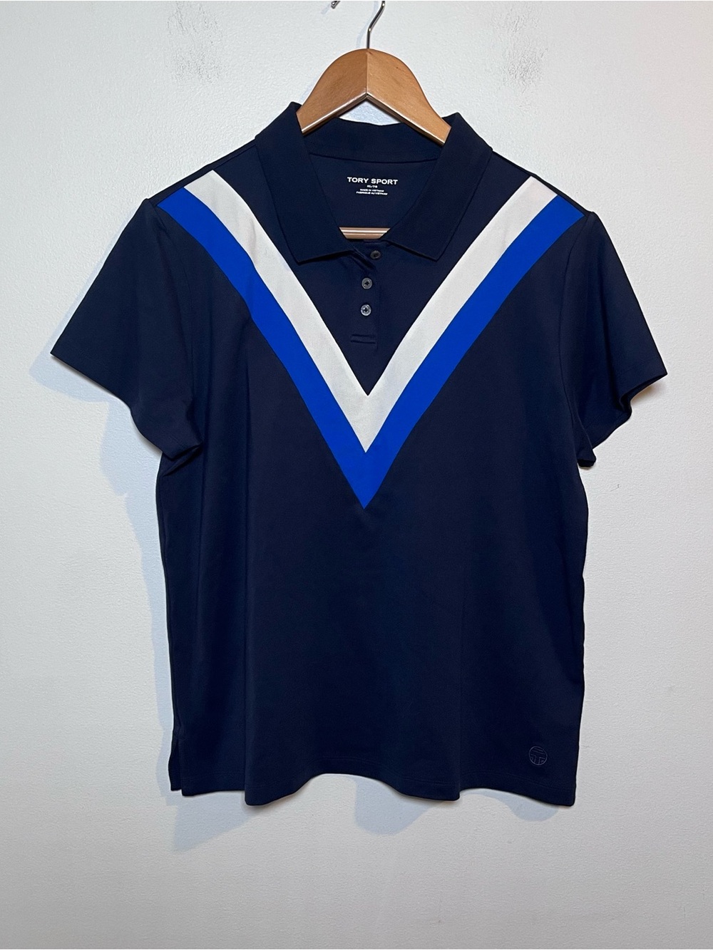 Tory Burch Sport Performance Pique Chevron Polo Top Size XL Blue Golf Active
